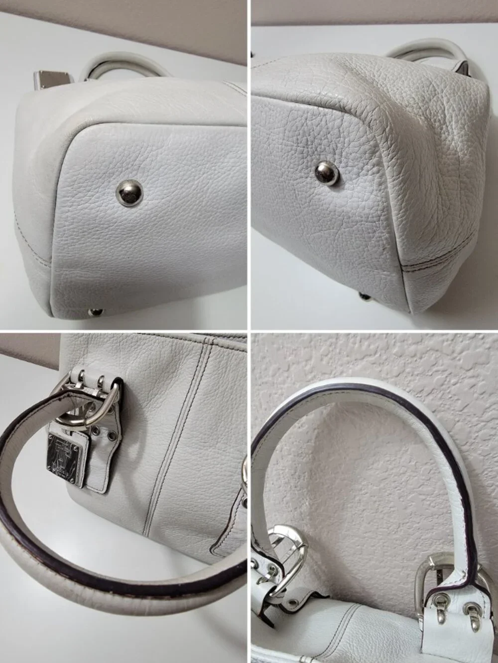 Tignanello White Pebbled Leather Satchel Shoulder Bag Silver Buckle Hardware